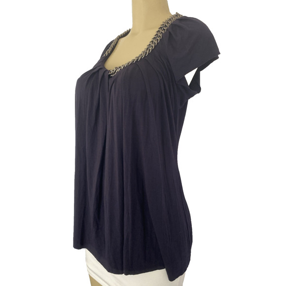 3.1 Phillip Lim Top Blouse Navy Blue Chain Neck Short Sleeve Relaxed Fit Scoop L - Picture 3 of 8
